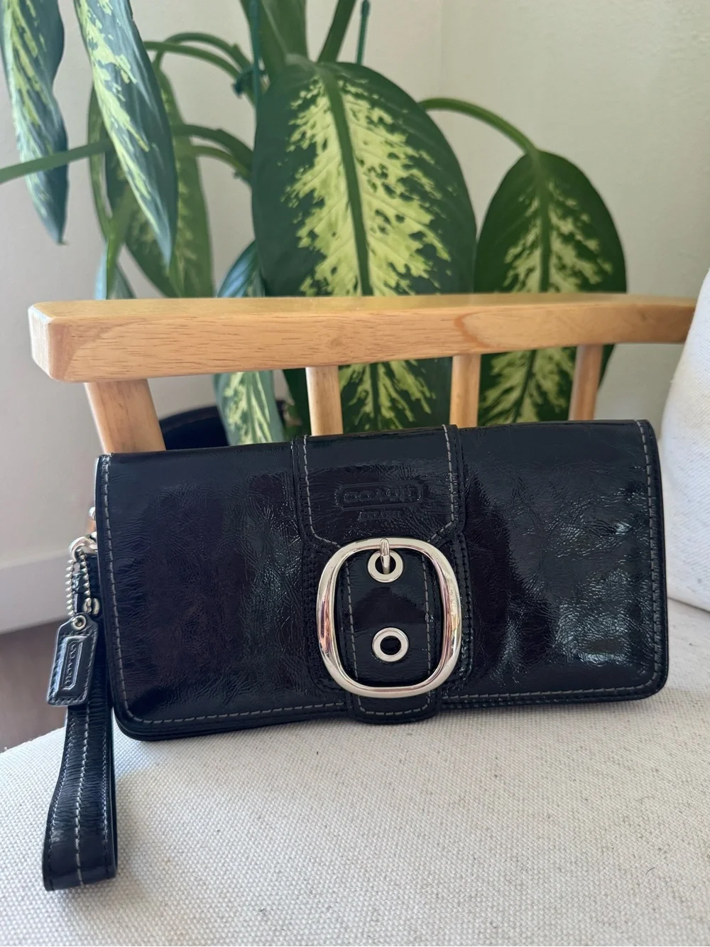 Coach Black Glossy Patent Leather Clutch Wristlet Wallet Silver Buckle Accent